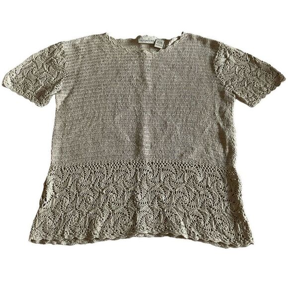 Signature Expressions Top Tan Ivory Crochet Short Sleeve Blouse Size Small - Picture 6 of 10